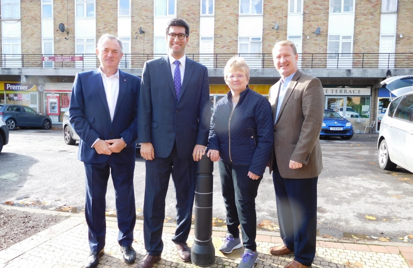 Ranil Jayawardena MP with (left) Hook Cllr Mike Morris and (right) Cllr Jane Worlock, Chairman of Hook Parish Council and Hook Cllr Brian Burchfield